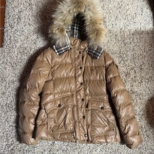 Burberry Brown Puffer Jacket with Faux Fur Hood